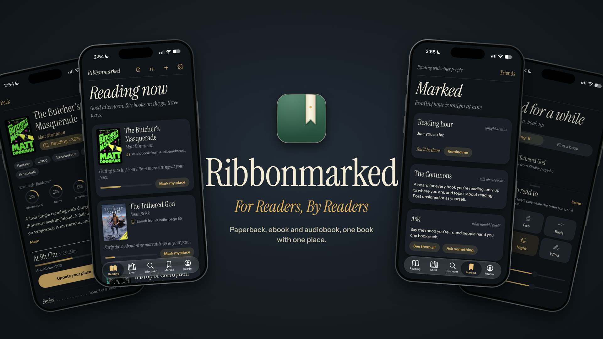 Ribbonmarked on iPhone: Reading now, a book’s page, Marked and the sounds to read to, around the icon and the words For Readers, By Readers